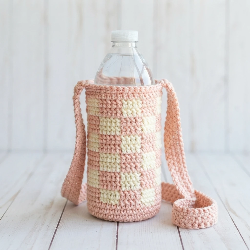 Peach and cream checkered crochet bottle holder with a long strap, holding a clear plastic water bottle on a white wooden surface