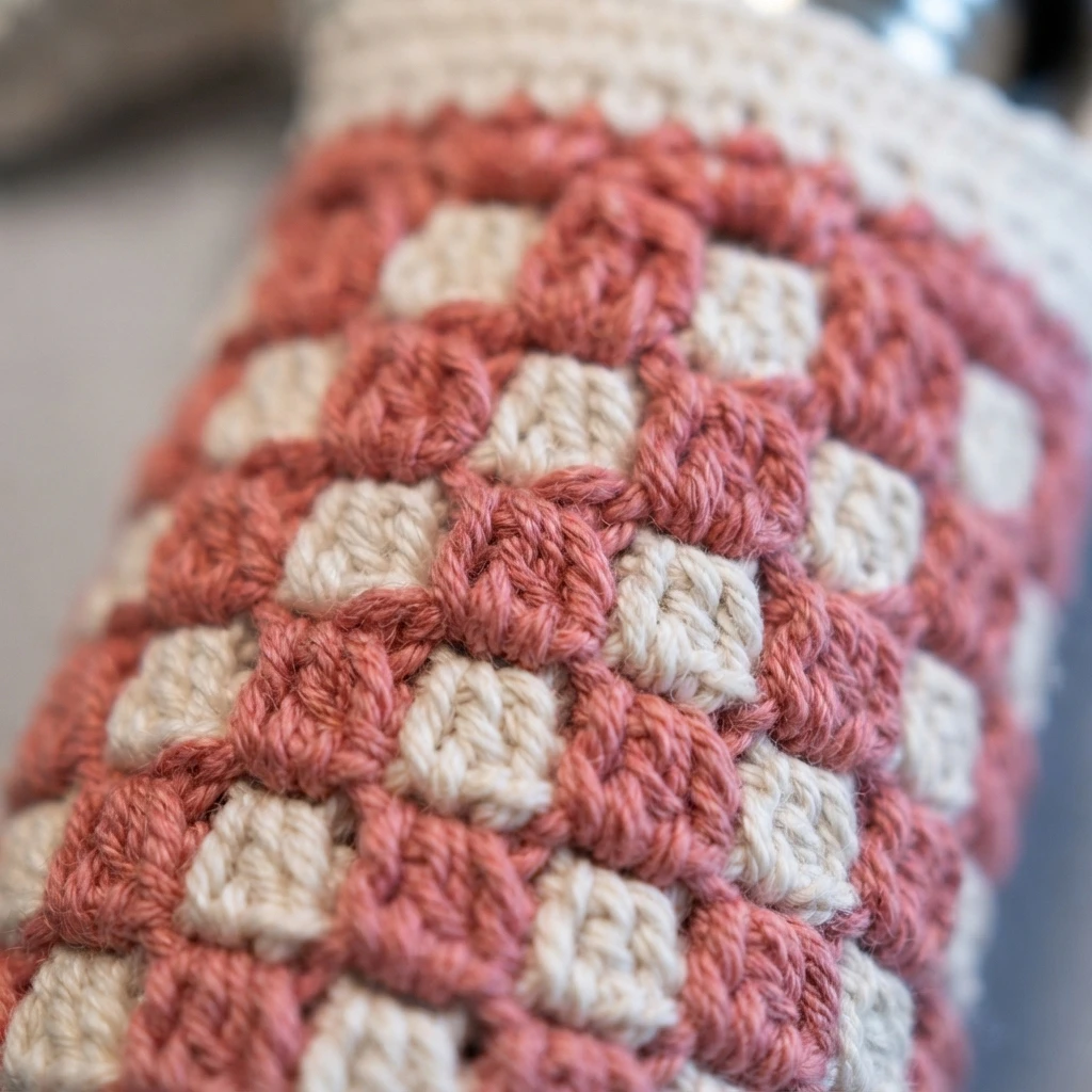 Close-up of a crocheted bottle holder with a dusty pink and ivory checkered pattern