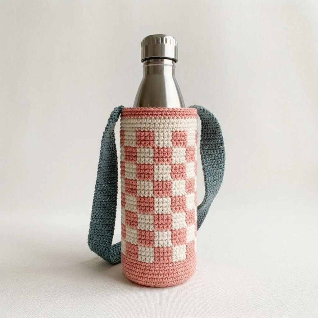 Crochet checkered bottle holder in pink and ivory with a teal strap, holding a stainless steel bottle with a silver cap