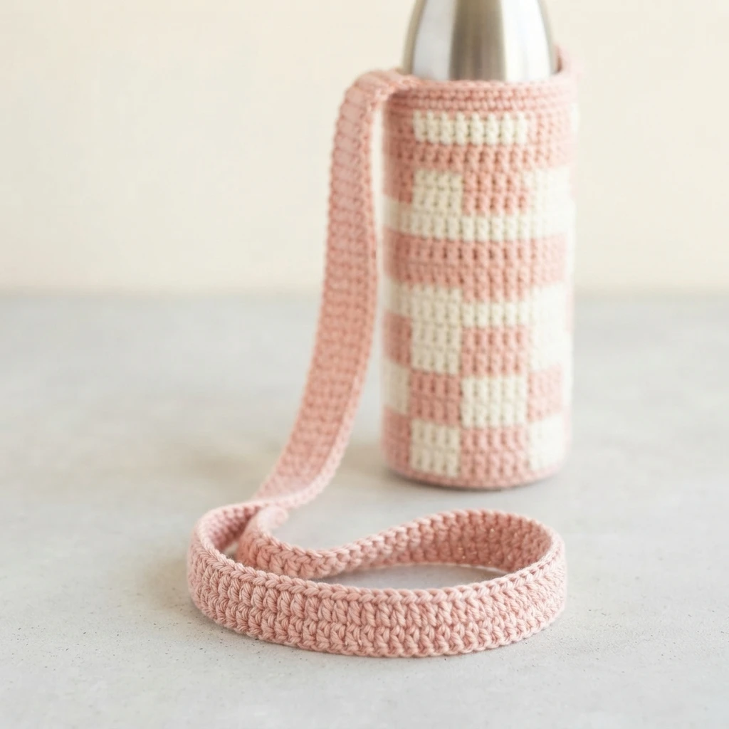Pink and cream checkered crochet bottle holder with a long pink strap holding a metal bottle