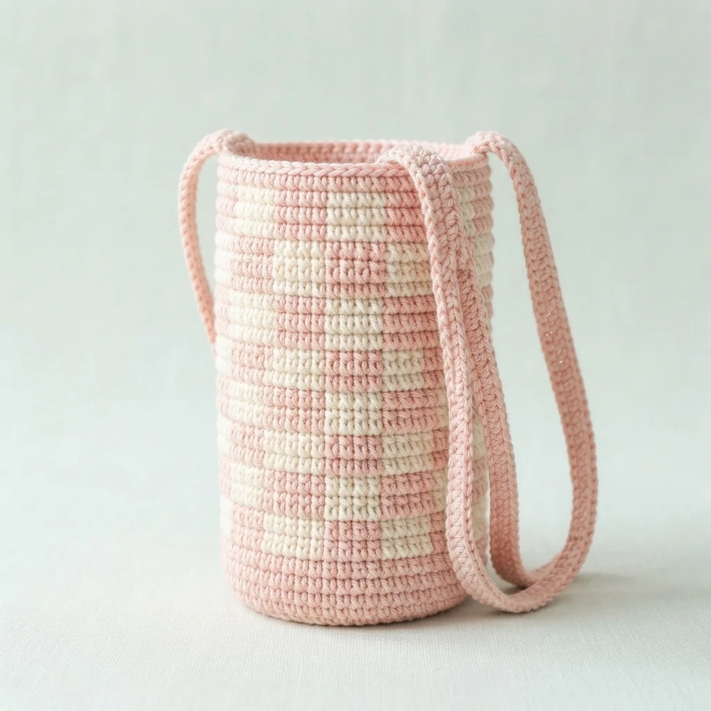 Pink and ivory checkered crochet bottle holder with a long pink strap, shown empty on a light background
