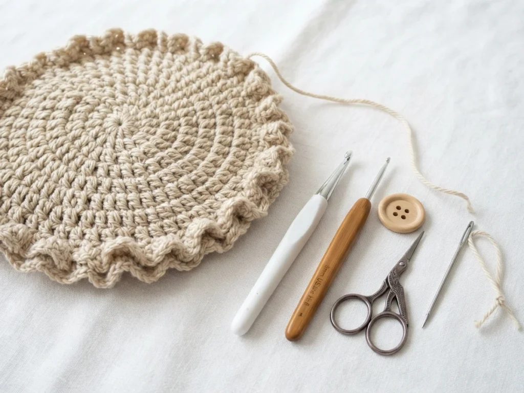 Flat lay of a cream textured crocheted circle with white-handled crochet hook, wooden 5mm hook, wooden button, small scissors and yarn needle on white linen.