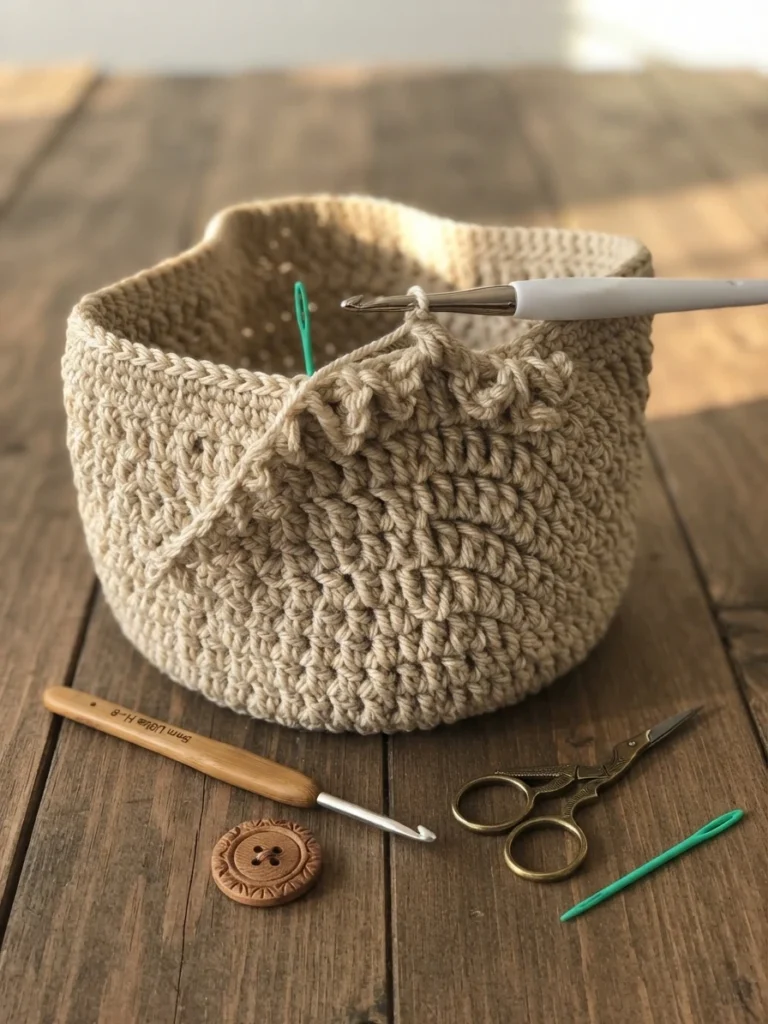 In-progress cream crochet bag with hook resting on the top edge, green yarn needle, wooden button, scissors and tools on a wooden table.