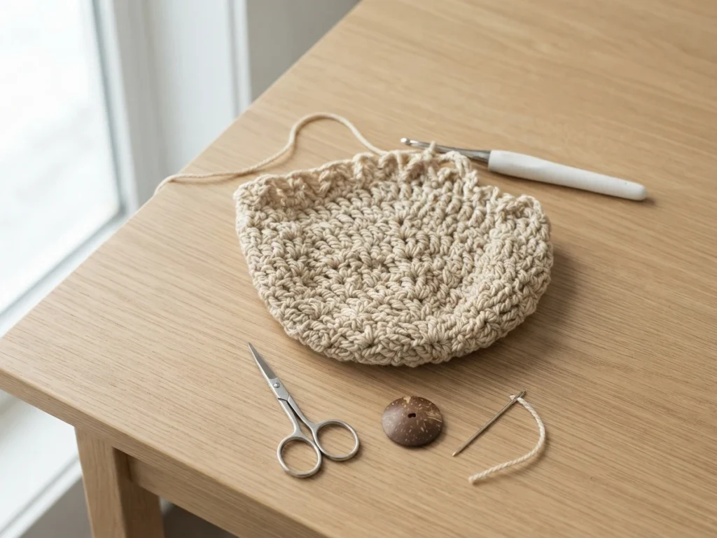 Beige crocheted bag base on a light wooden table with a crochet hook, small scissors, a brown button and a yarn needle beside it