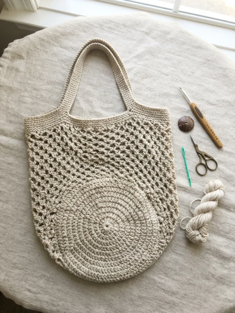 Beige crochet market bag with openwork upper and round solid base, laid flat with a crochet hook, button, small scissors, yarn needle and small yarn skein beside it.