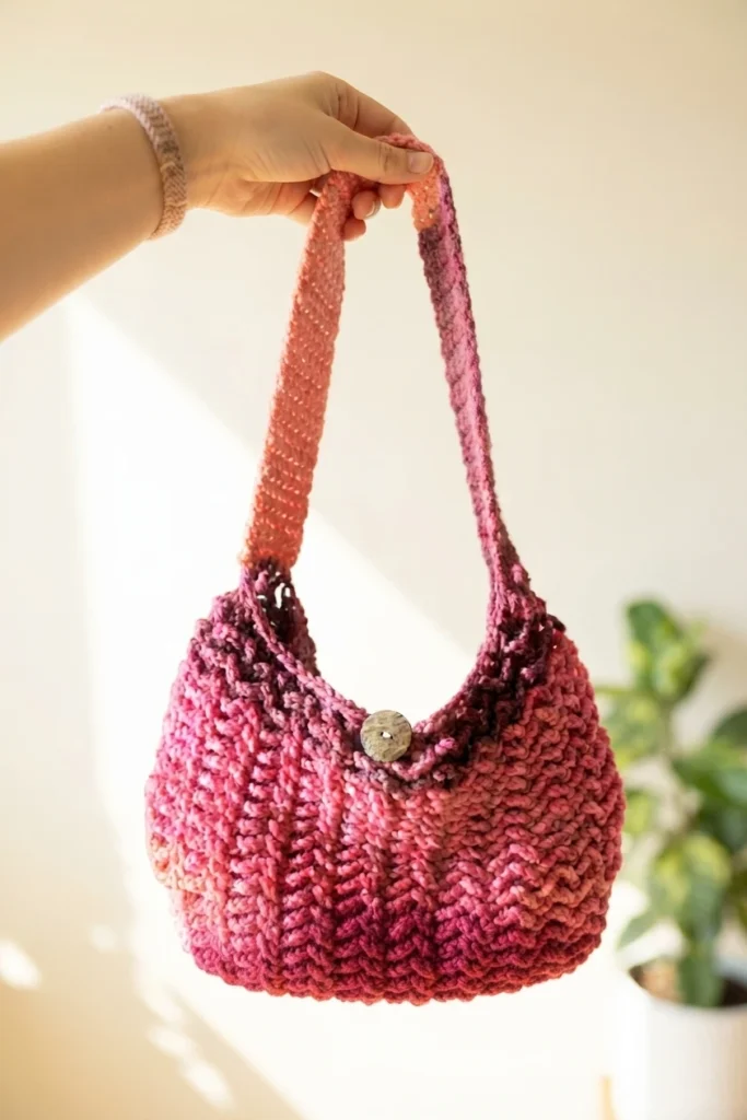 A pink and coral crochet market bag with a wooden button held up by a hand in a sunlit room.
