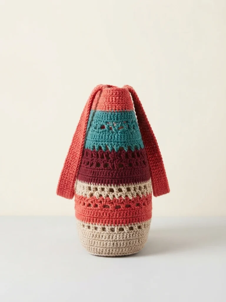 Striped crocheted market tote bag with coral, teal, burgundy and cream bands and long shoulder handles, standing upright.