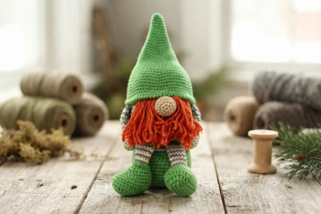 Crochet gnome with a tall green hat, orange beard, beige nose, grey and white striped arms and legs and green shoes, sitting on a wooden table with yarn spools behind it