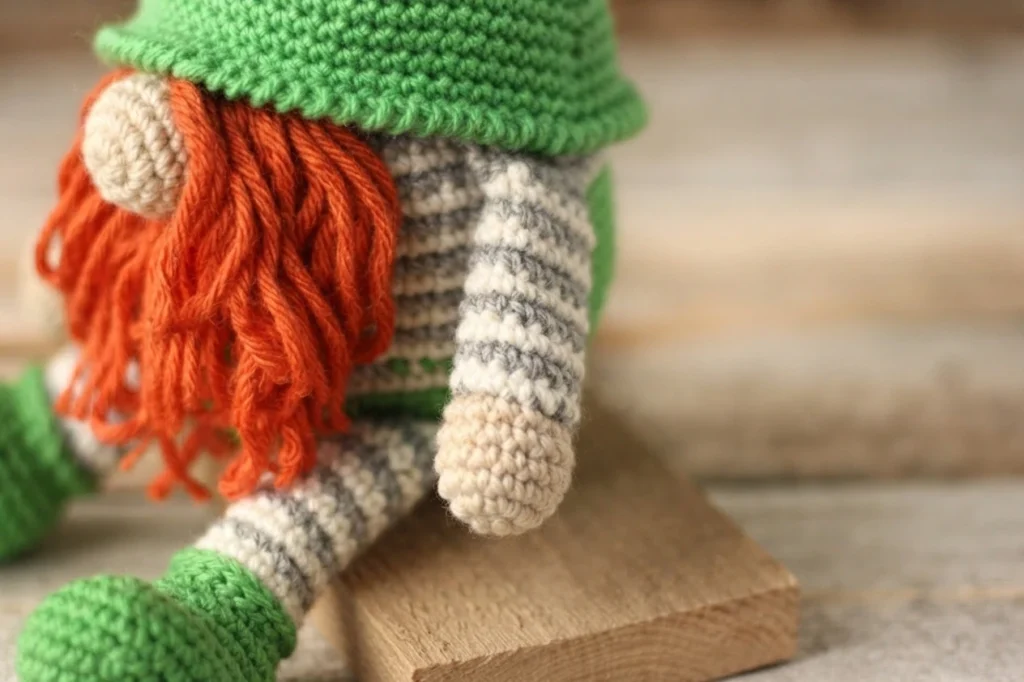 Close-up of a crocheted gnome with a green hat, beige nose, orange beard, grey and white striped arm with a beige hand, striped leg and green shoe