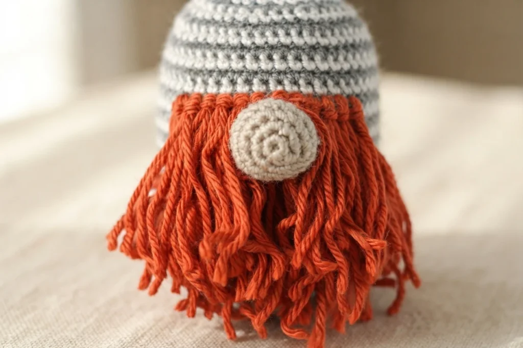 Close-up of a crocheted grey and white striped gnome body with a round beige nose and a long orange yarn beard