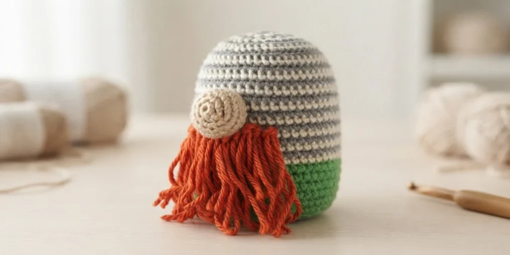 Crochet gnome body with grey and white stripes and a green base, with a beige nose and a hanging orange yarn beard