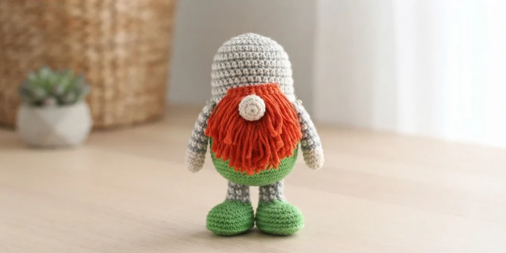A crochet gnome with an orange fringe beard, a round beige nose, a green lower body and green shoes, and grey and white striped arms and legs, standing on a light wooden surface without a hat.