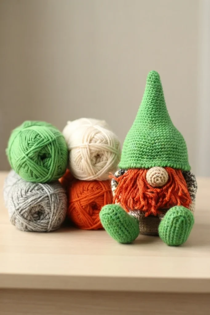 Crochet gnome with a green pointed hat, orange beard and green shoes sitting beside green, cream, grey and orange yarn balls on a light wooden table