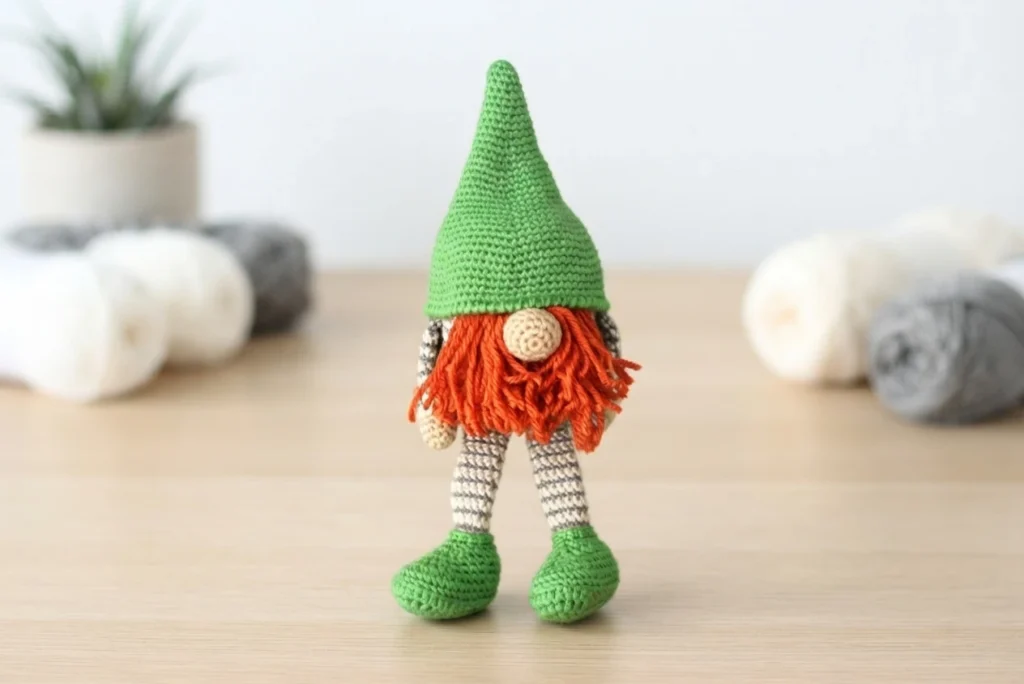 Crochet gnome with a tall green hat, orange beard, beige nose, striped legs and green shoes standing on a light wooden table with blurred yarn in the background