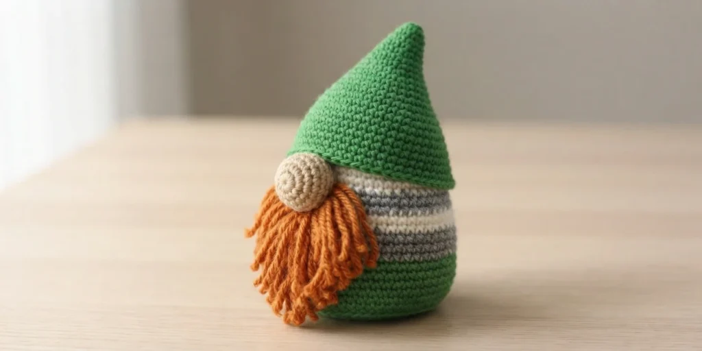 Crochet gnome with a green pointed hat, round beige nose, orange beard and grey and off white striped body on a light wooden table