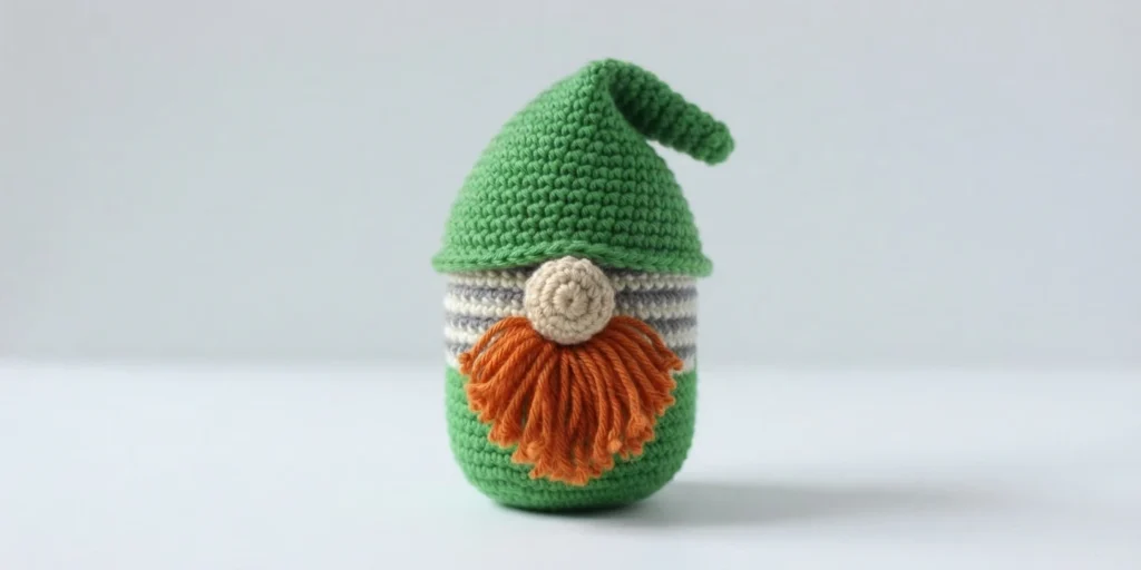 Finished crochet gnome with a green hat, green and striped body, round beige nose and orange beard on a plain light background