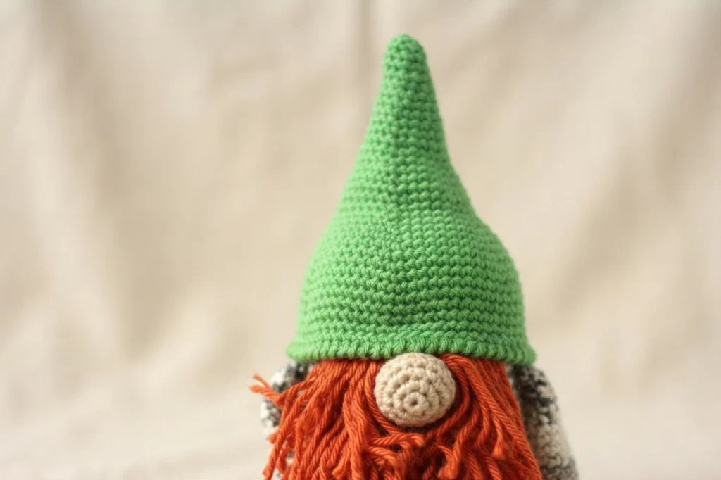 Close-up of a crochet gnome with a tall green pointed hat, an orange yarn beard and a round beige nose against a light background
