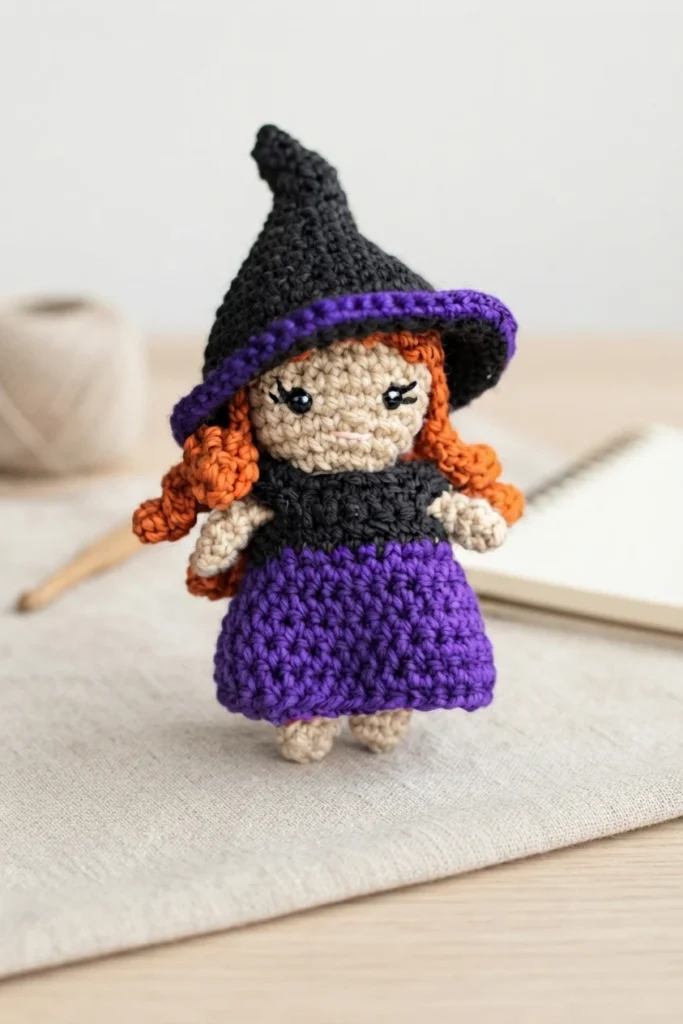 Crocheted witch doll with a black pointed hat with a purple brim, orange curly hair, black top and purple skirt, standing on a light wooden table next to a ball of yarn, a wooden crochet hook and a notebook.