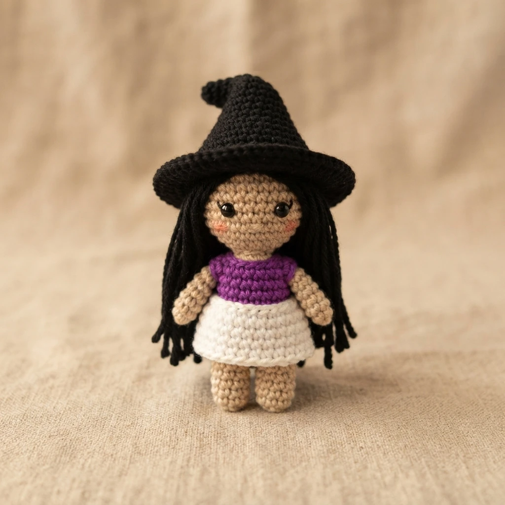 Small crocheted witch doll with a black pointed hat, long black hair, a purple top and a white skirt, standing on a plain beige fabric background.