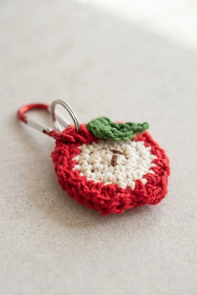A finished red crocheted apple keychain pouch with a cream colored center, small brown stitched detail and a green crocheted leaf, attached to a silver key ring and a red clip on a light gray surface.