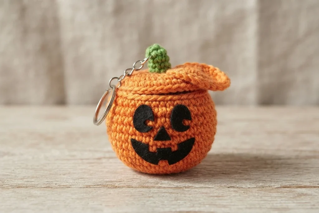 Crocheted orange pumpkin-shaped keychain pouch with a black jack-o-lantern face, a green stem and a silver key ring and chain, sitting on a light wood surface against a soft beige background