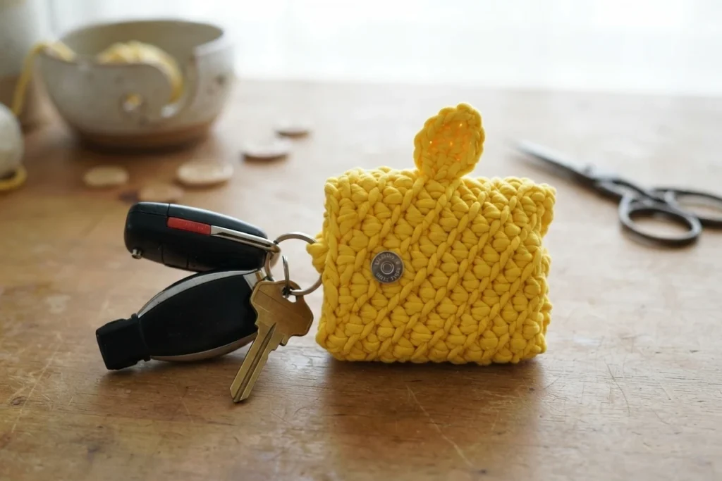 Yellow crocheted keychain pouch with a textured stitch pattern, a button closure and a small loop, attached to a key ring with car keys on a wooden table, with scissors and a bowl of yarn in the background