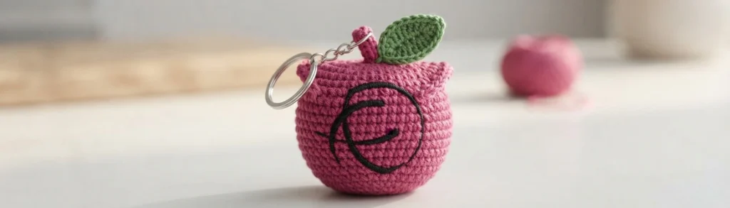 Crocheted pink apple pouch with a green leaf on top, attached to a silver keychain ring and chain, with a black stitched circle marking on the front, photographed on a light blurred surface with a second pink apple in the background.