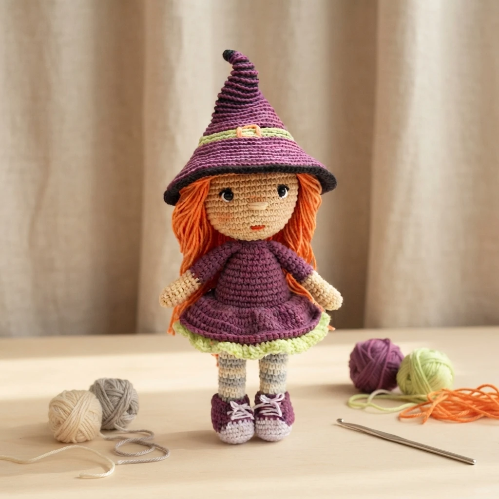 Crocheted amigurumi witch doll with long orange hair, a purple pointed hat with a green band, a purple dress with a green ruffled hem, striped legs and purple and white shoes, standing on a wooden table with balls of yarn and a crochet hook