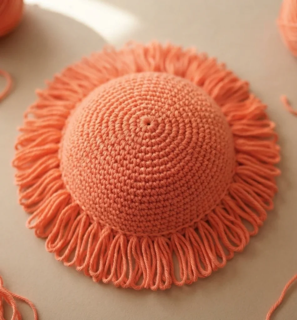 Crocheted coral orange wig cap shaped as a rounded dome, surrounded by long fringe strands looped around its edge, resting on a plain neutral surface with balls of matching yarn visible in the corners.