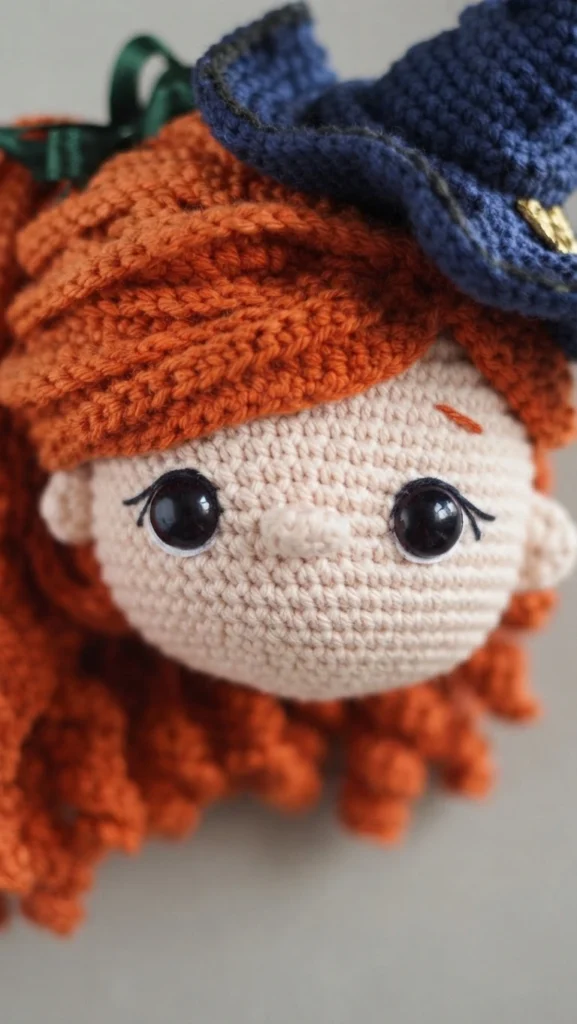 Close-up of a crocheted witch doll's face with curly orange hair, a dark blue crocheted hat with a green ribbon and a small gold buckle, large black safety eyes with stitched eyelashes, a small crocheted nose and a stitched orange eyebrow.