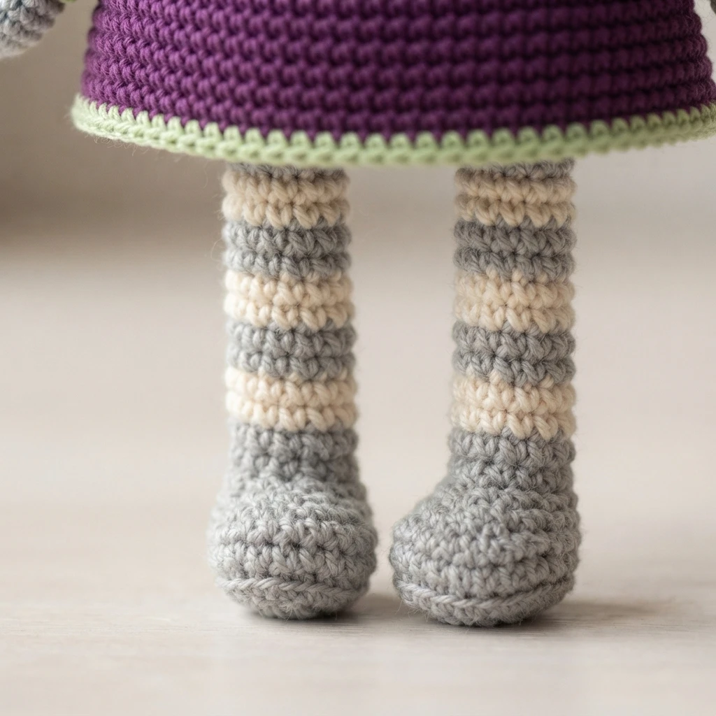 Close-up of two crocheted doll legs with alternating gray and cream stripes, set below a purple skirt hem trimmed with a light green edge.