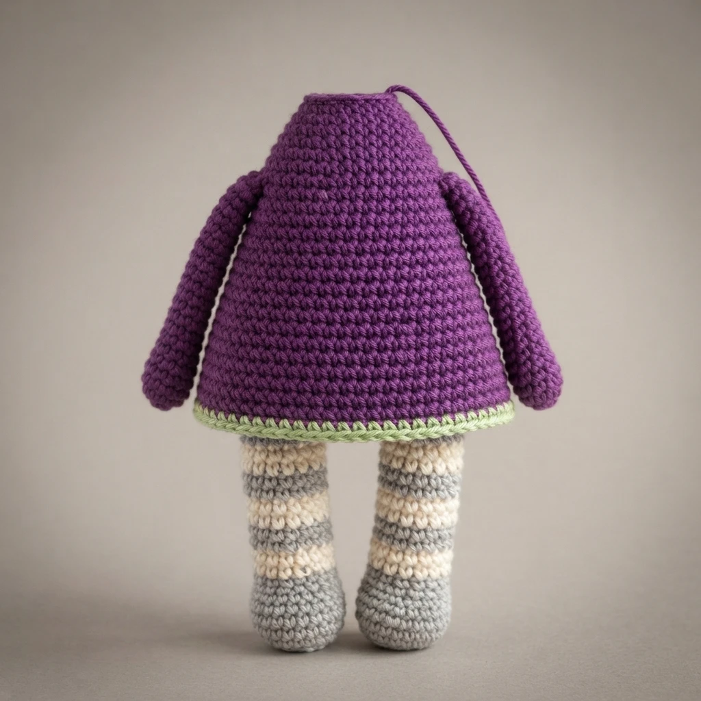 Crocheted amigurumi witch body in progress: a purple dress shape with two attached purple arms, a light green trim along the skirt hem, and two legs worked in gray and cream stripes, photographed on a plain gray background.