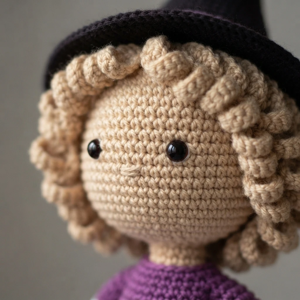 Close-up of a crocheted amigurumi doll head with curly beige yarn hair, black safety eyes, a small stitched nose, the black brim of a hat above and the top of a purple crocheted body below.