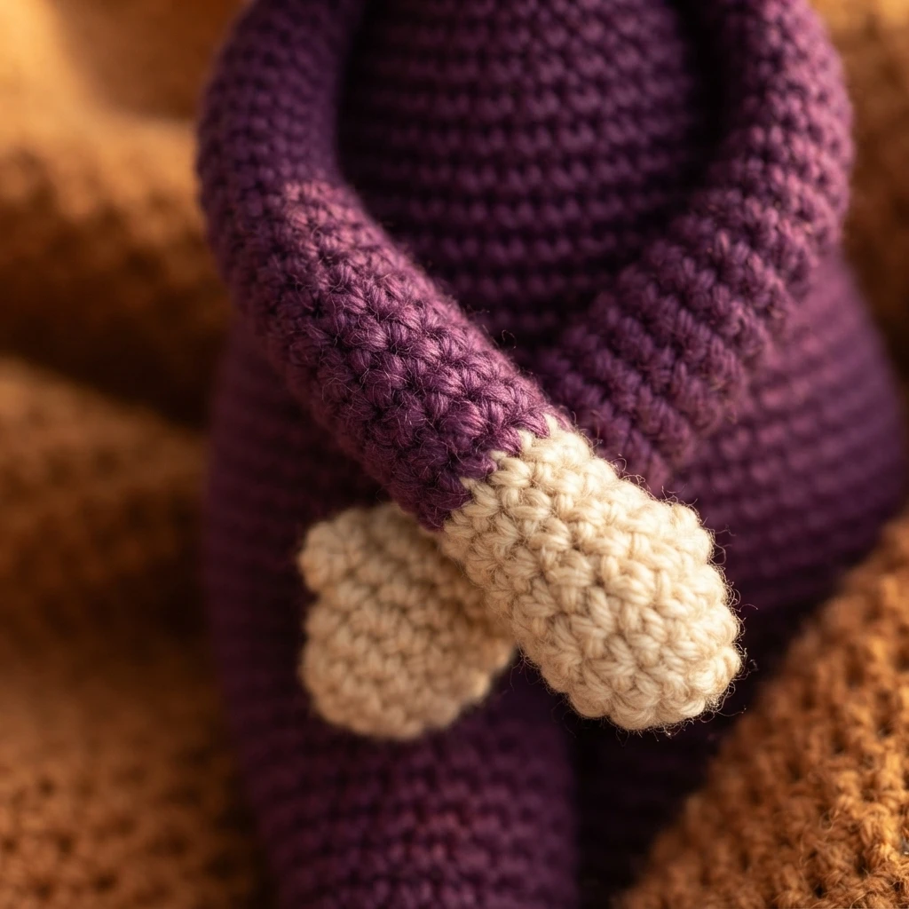 Close-up of a crocheted amigurumi arm with a purple sleeve section ending in a rounded cream colored hand, sewn onto a purple crocheted body, with a softly blurred warm brown background.