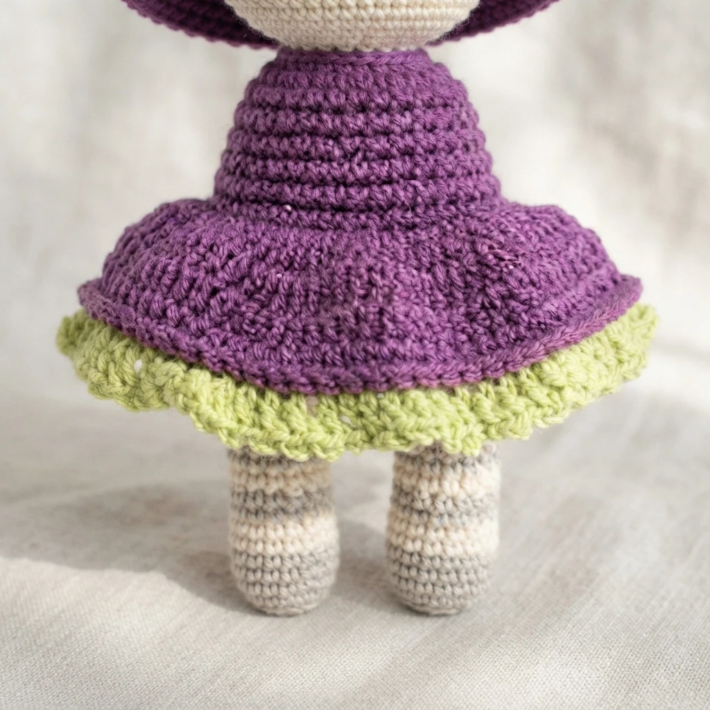 Crocheted amigurumi witch skirt in purple with a light green ruffled hem, photographed from the back on a white fabric background, with striped gray and cream legs visible below.