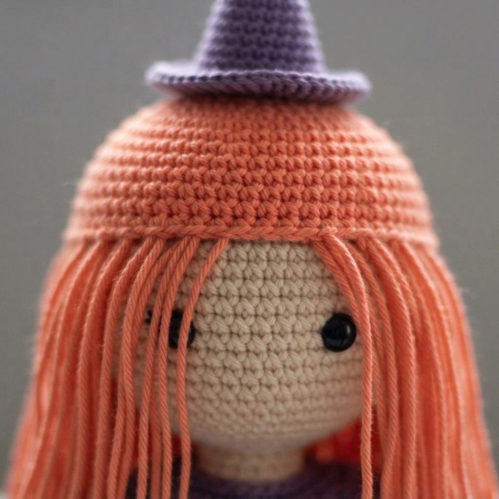 Close-up of a crocheted witch doll head wearing a small purple hat, with a cream-colored face, black button eyes and long orange yarn hair strands hanging down over the face.