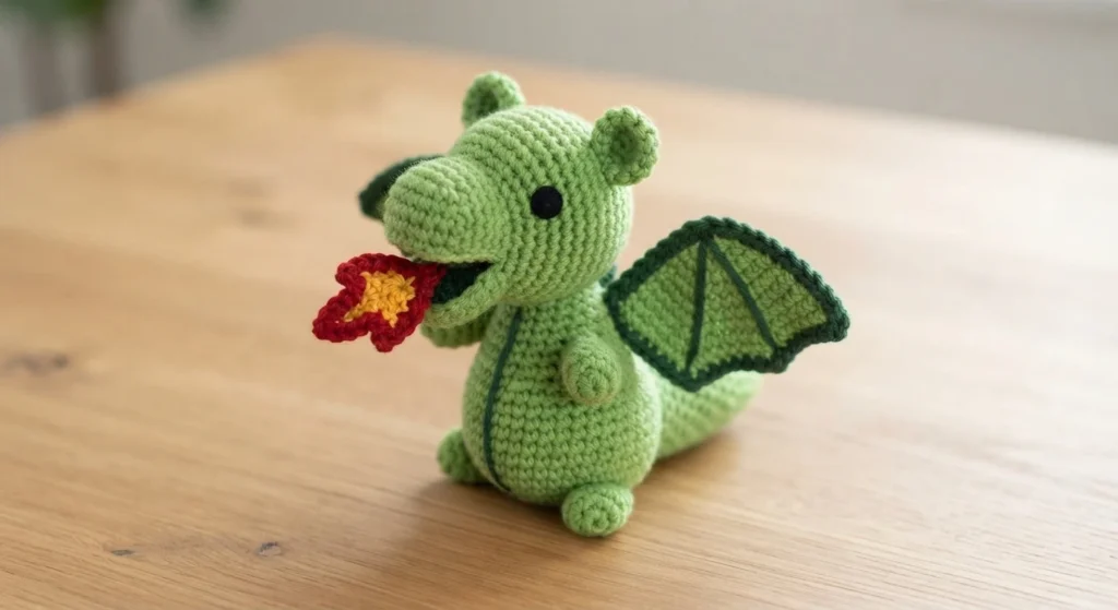 Green crocheted dragon amigurumi with dark-rimmed wings and a small red and yellow crocheted flame in its mouth, sitting on a wooden table.