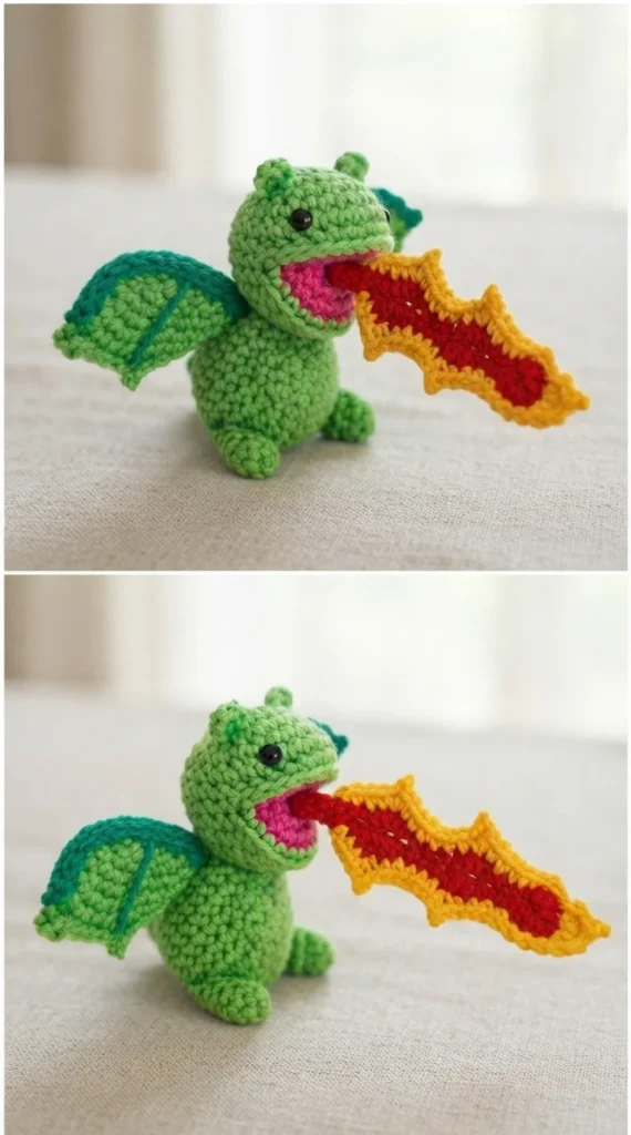 Green crochet dragon amigurumi with pink open mouth breathing a red and gold crochet flame, shown in two views