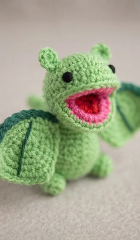 Green crochet dragon amigurumi with open pink mouth and dark green edged wings
