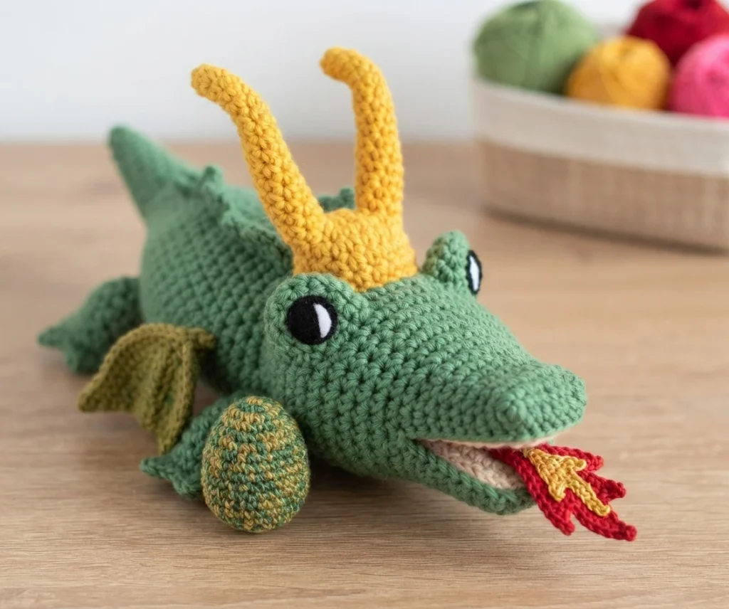 Green crochet alligator style dragon lying on a wooden table with two tall yellow horns, a small olive wing, a speckled green and gold egg beside it, and a red and yellow flame coming from its slightly open mouth, with a basket of yarn ball