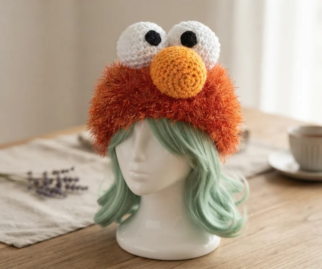 Crochet Elmo-style hat in fuzzy rust-red yarn with a round orange nose and two white eyes with black pupils, displayed on a mannequin head with mint green hair.