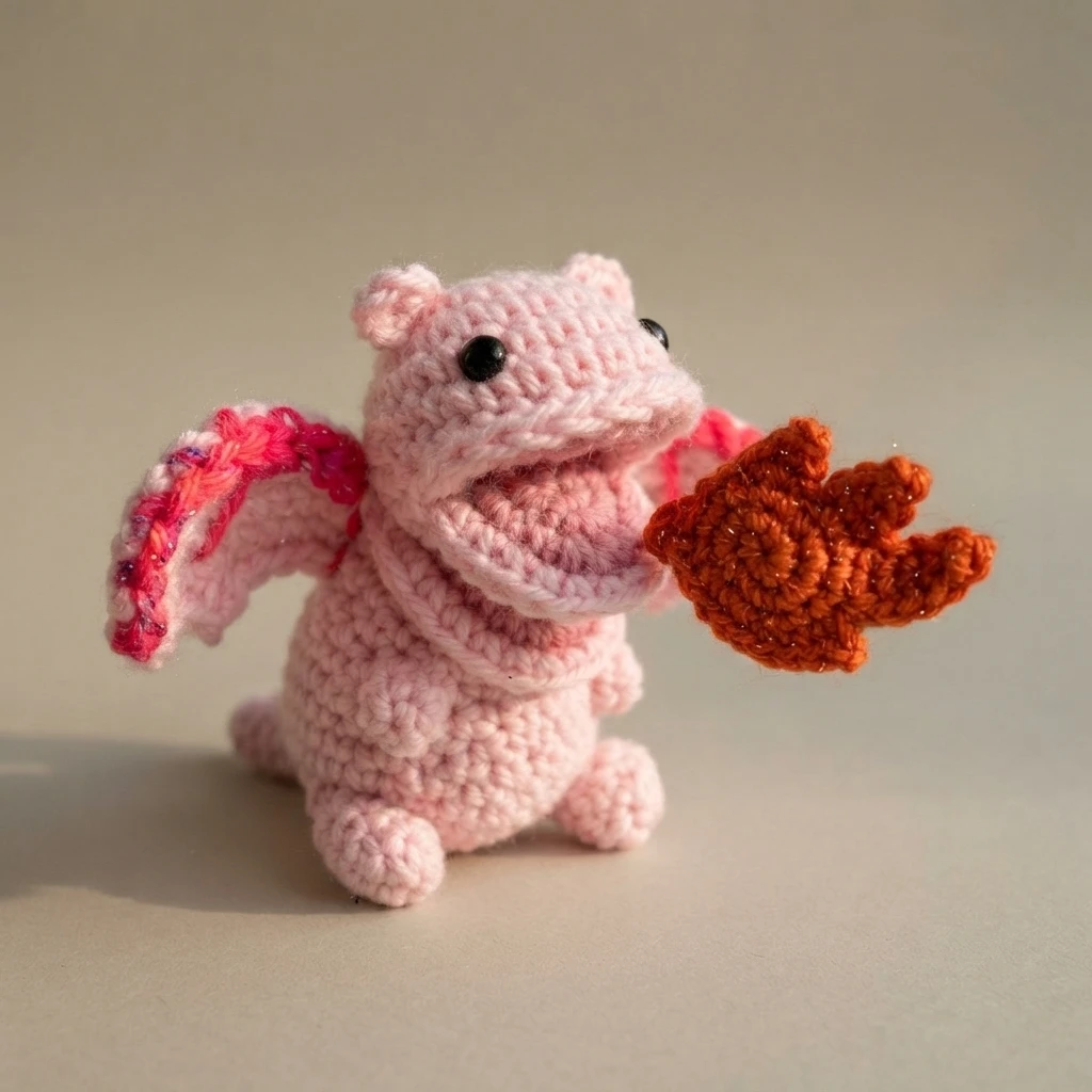 Pink crocheted dragon amigurumi with open mouth, pink wings and an orange flame shape in front of it on a plain background