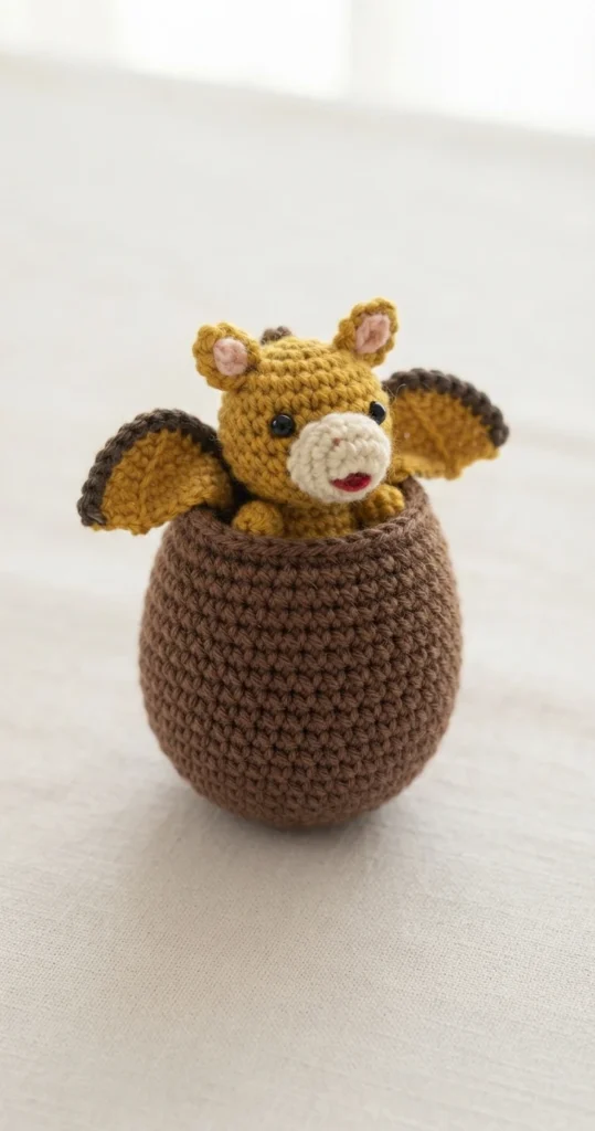 Crocheted mustard yellow dragon with cream muzzle and brown edged wings sitting inside a brown crocheted egg on light fabric.