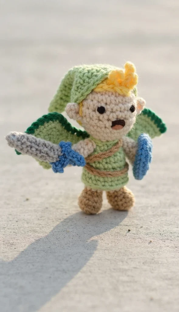 Crocheted doll in a green pointed hat holding a gray sword with a blue hilt and a blue shield, with leafy green wings, standing on a light outdoor surface