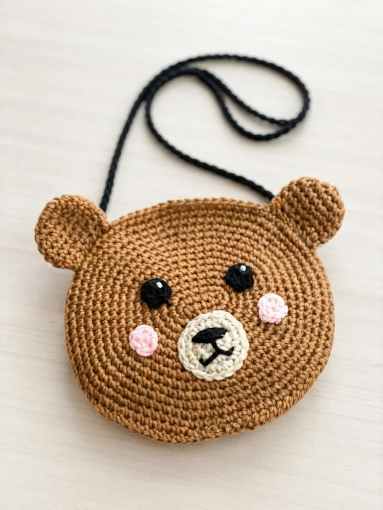 Sac crocheté brun en forme de tête d’ours, avec oreilles rondes, yeux noirs, joues roses, museau crème et bandoulière noire, posé sur un fond clair.