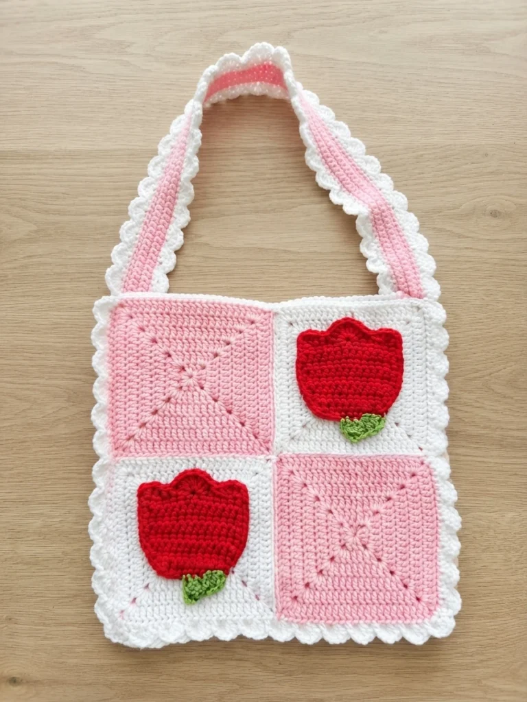 Pink and white crocheted shoulder bag made of four squares, with two red flower motifs, green leaves, and scalloped edging.