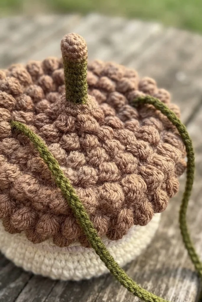 Close-up of a crocheted acorn bag with a brown bobble-textured cap, a two-tone stem, and a green strap.