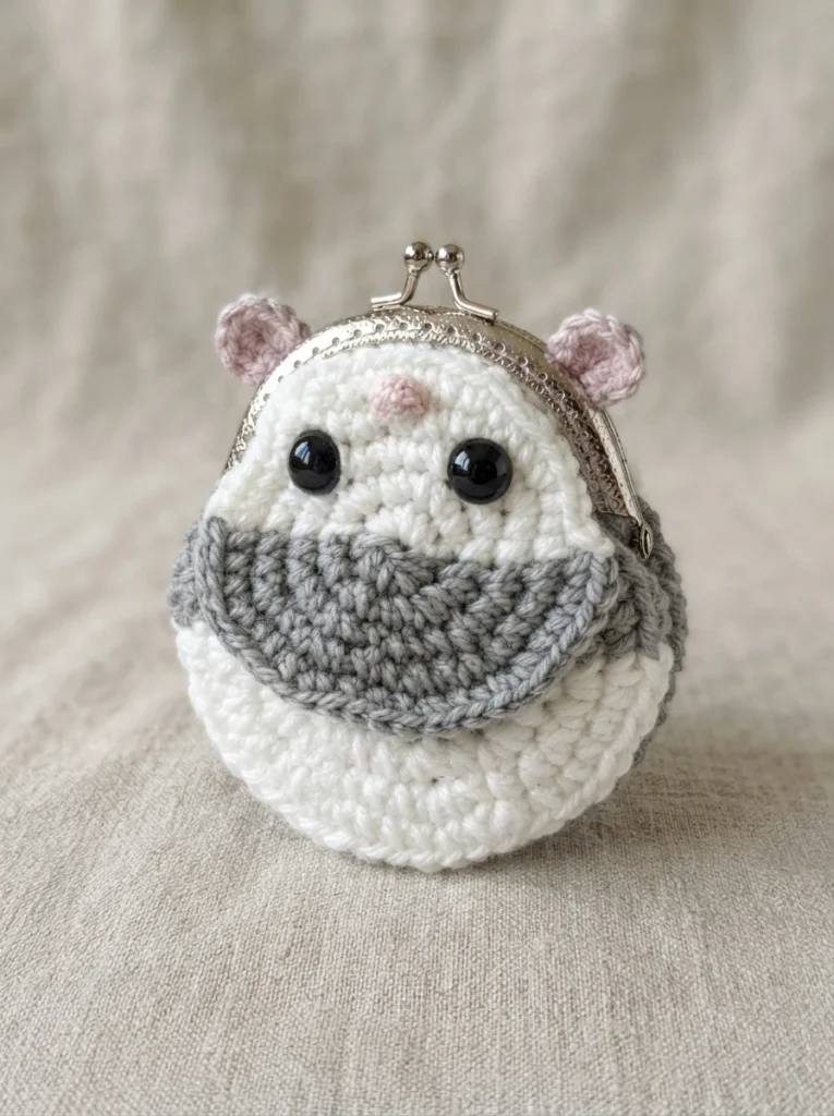 Finished white and gray crocheted animal coin purse with pink ears and nose, black eyes, and a silver clasp.