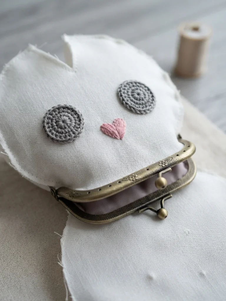 Pochette blanche en tissu avec deux yeux circulaires gris crochetés, un nez rose en forme de cœur et une monture métallique ouverte.