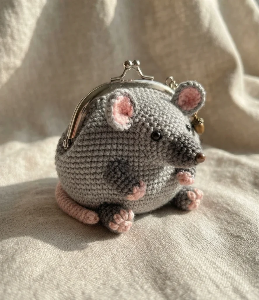 Pochette crochetée grise en forme de petit animal, avec des oreilles roses, un museau, des pattes et une fermeture métallique à clip.